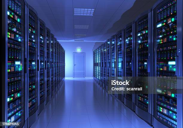 Server Room Interior Stock Photo - Download Image Now - Storage Compartment, Data, Digitally Generated Image