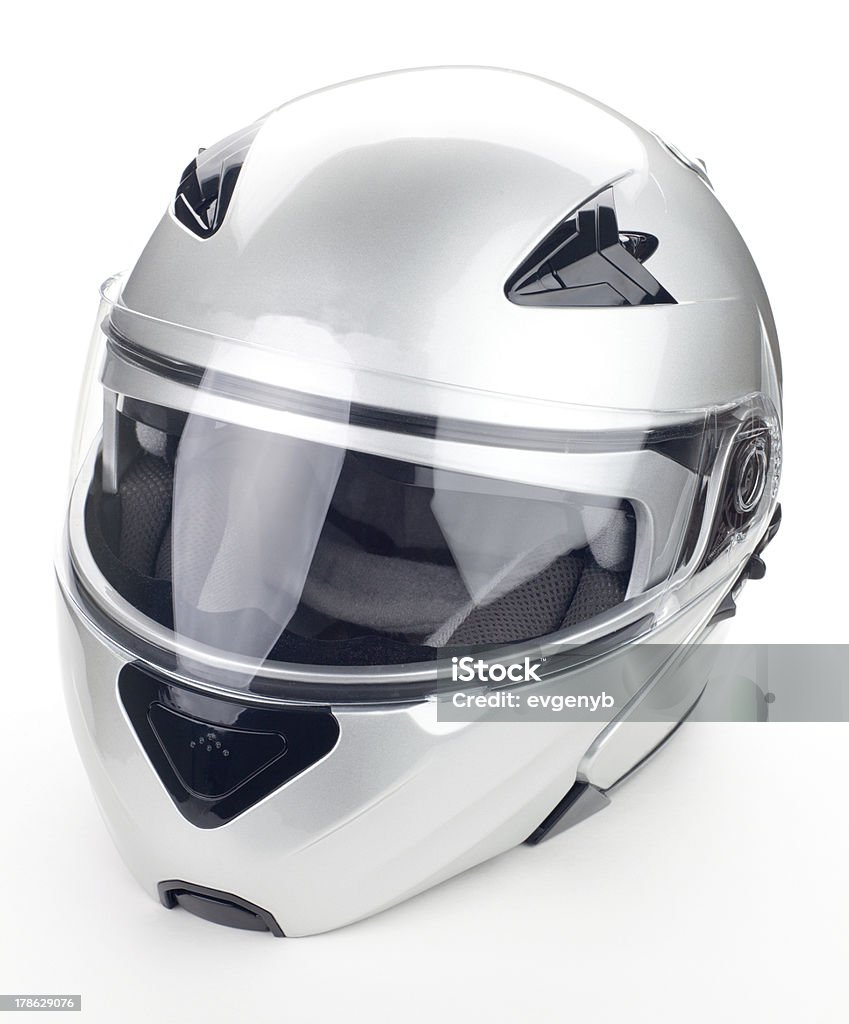 Motorcycle helmet "High quality light gray motorcycle helmet over white background, studio isolated." Helmet Stock Photo