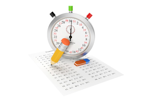 3d illustration: an examination. Stopwatch and answer sheet