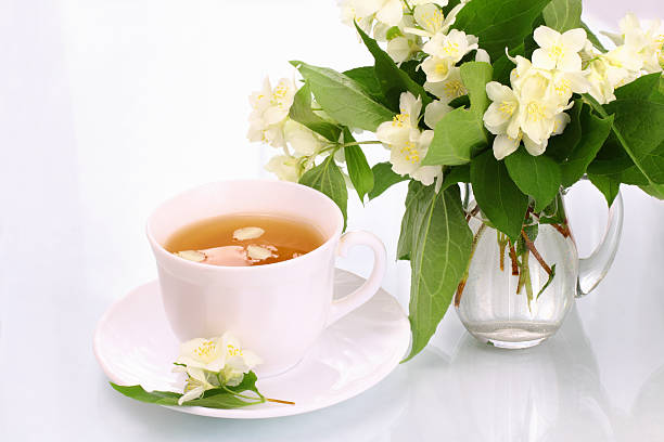 Jasmine tea and flowers stock photo