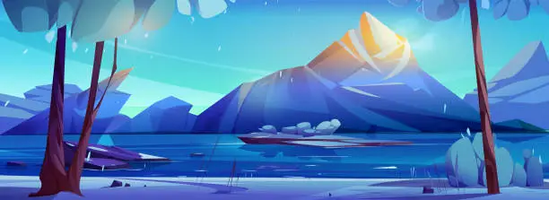 Vector illustration of Winter mountain and ice lake in forest landscape