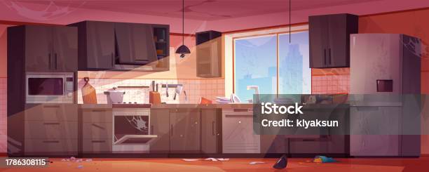 Miserable Kitchen Messy Kitchen Interior With Dirty Tables Fridge Stock Illustration ...