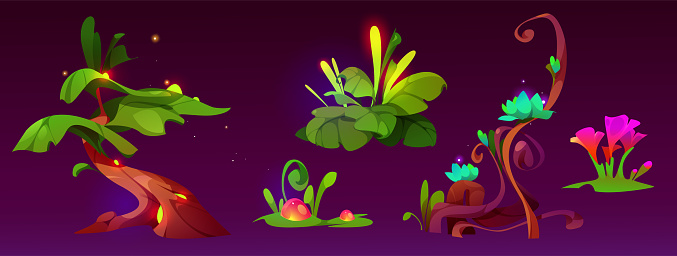 Fantasy plant for magic forest cartoon game vector set. Alien planet nature element in fantastic world isolated with glow. Glossy psychedelic colorful wonderland jungle landscape asset illustration