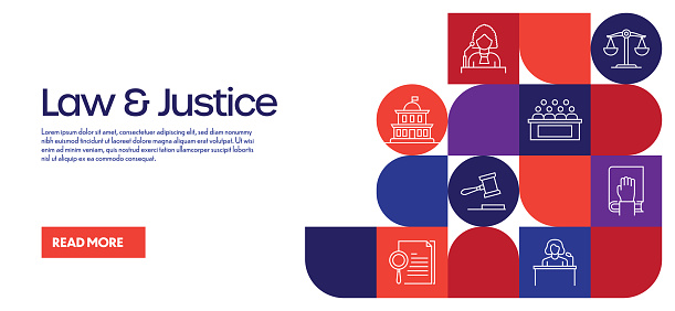 Law and Justice Related Design with Line Icons. Simple Outline Symbol Icons. Courtroom, Lawyer, Crime, Prison, Jury