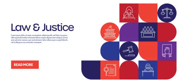 Vector illustration of Law and Justice Related Design with Line Icons. Simple Outline Symbol Icons. Courtroom, Lawyer, Crime, Prison, Jury