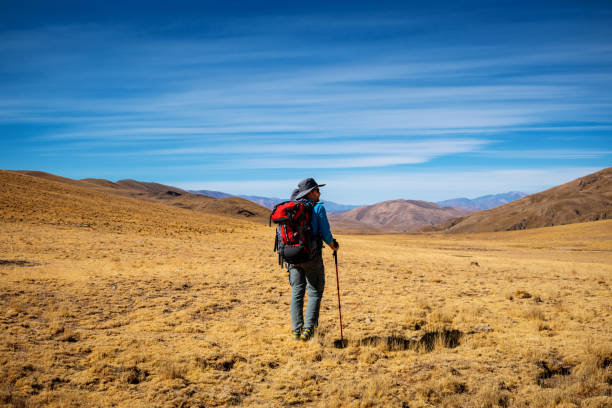 Mountaineer man achieving his goal.  Colorful mountains in northern Argentina. Trekking through the middle of the mountains in Argentina