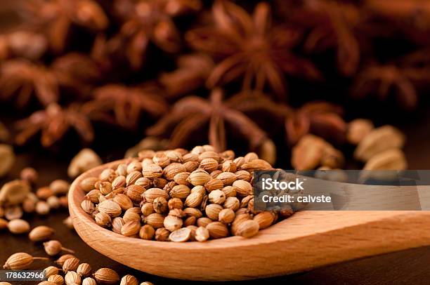 Coriander Spice On A Wooden Spoon Extreme Close Up Stock Photo - Download Image Now - Anise, Beauty, Brown