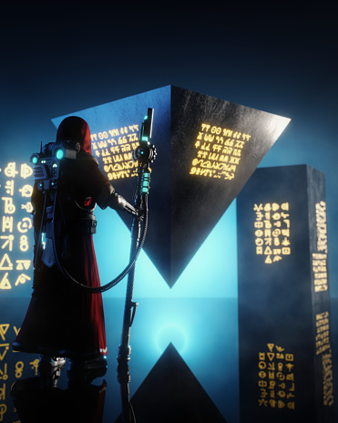Digitally generated mysterious figure that stands before towering monoliths bathed in an ethereal blue glow. The entity is dressed in a robe with their back to the viewer, connected to one of the structures by a cable. The monoliths are inscribed with cryptic symbols and unknown alien texts, suggesting a scene out of a futuristic or fantasy narrative.

The scene was created in Autodesk® 3ds Max 2024 with V-Ray 6 and rendered with photorealistic shaders and lighting in Chaos® Vantage with some post-production added.