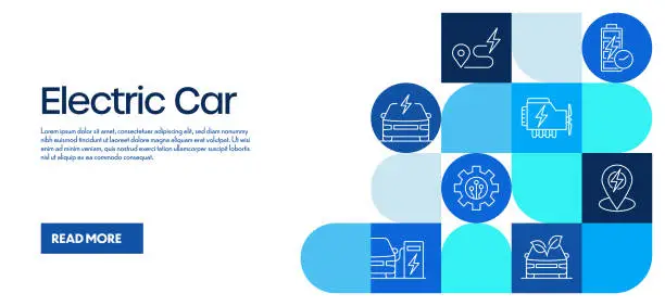 Vector illustration of Electric Car Related Design with Line Icons. Simple Outline Symbol Icons. Sustainable Energy, Clean Energy, Battery, Car Charge Station