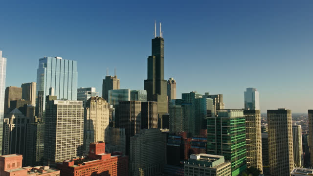 Ascending Drone Flight Towards Willis Tower in Chicago