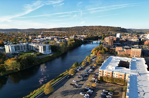 view of chenango river in downtown bighamton new york (southern tier, small town usa) aerial view from above
