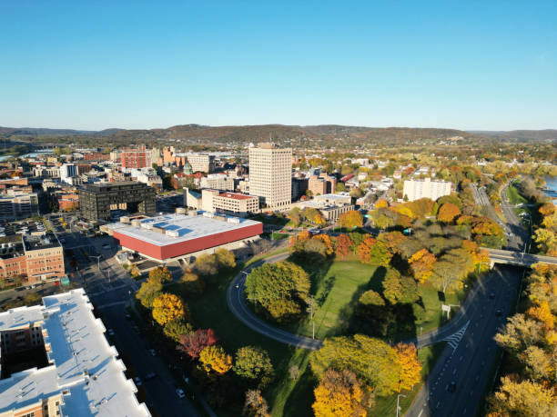 view of state office building in downtown bighamton new york (southern tier, small town usa) aerial view from above view of state office building in downtown bighamton new york (southern tier, small town usa) aerial view from above binghamton ny stock pictures, royalty-free photos & images