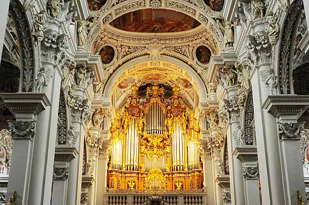 "Organ at St. Stephan's Cathedral, Passau.  It is the largest cathedral organ in the world. The organ currently has 17,774 pipes and 233 registers"