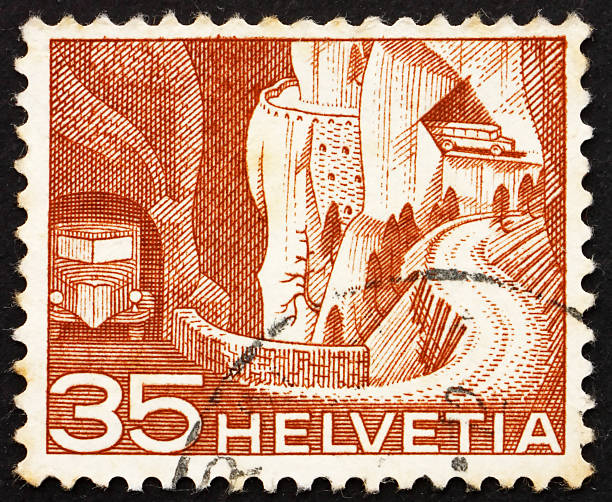 Postage stamp Switzerland 1949 Alpine Postal Road "SWITZERLAND - CIRCA 1949: a stamp printed in the Switzerland shows Alpine Postal Road, circa 1949" boris bus stock pictures, royalty-free photos & images