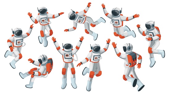 Astronauts flying in zero gravity set vector illustration. Cartoon isolated cosmonaut in spacesuit and helmet floating in weightlessness in different poses, astronauts dancing, greeting with hand up