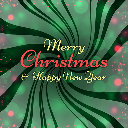 Abstract twist shape background with defocused glowing lights and particles. Merry Christmas and Happy New Year lettering.