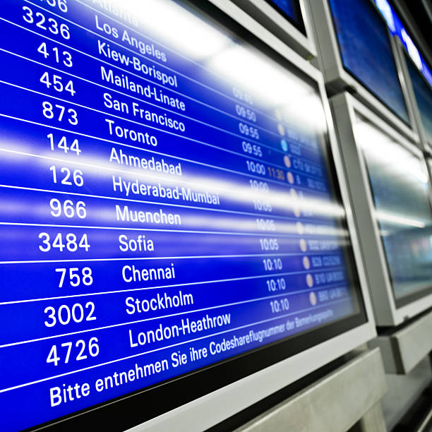 istock Electronic board listing flights at airport 178640251