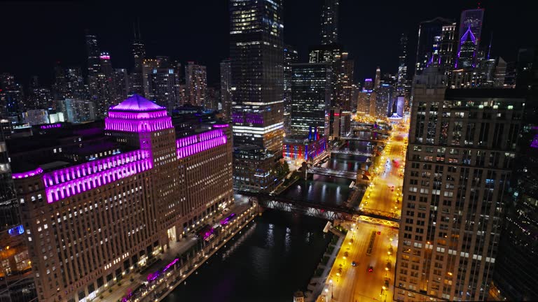 Static Aerial Shot of Chicago River at Night
