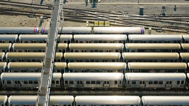 Backward Drone Shot of Stored Chicago 'L' Trains