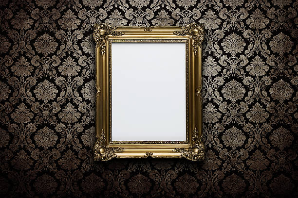 Blank frame at the wall with clipping path Ornate gold frame at grunge wallpaper with clipping path for the inside art museum photos stock pictures, royalty-free photos & images