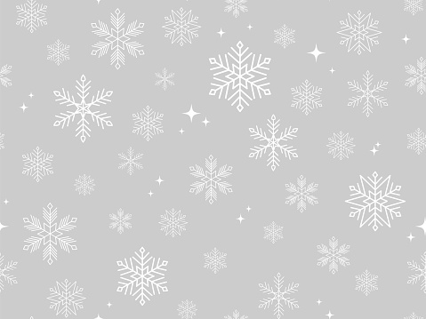 Winter Snowing seamless Pattern. White different Snowflakes on a gray Background. Christmas Holiday abstract ornament
