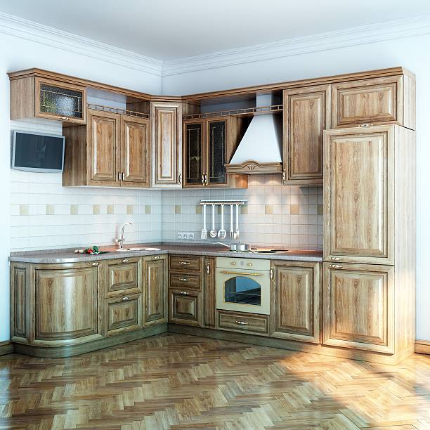 istock wood kitchen in new room with parquet floor 178641954