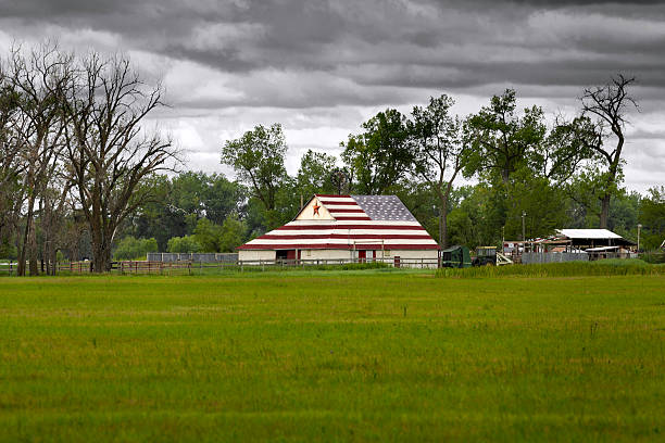 bandiera americana su un fienile in nebraska - nebraska landscape midwest usa landscaped foto e immagini stock