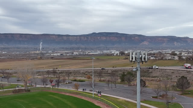 Wide Angle Aerial Shot of a 5G Telecommunication Tower in the Desert of Grand Junction Colorado in the Late Autumn