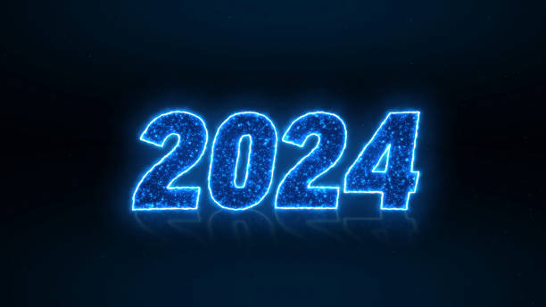 istock Happy New Year 2024 in glowing neon futuristic technology looping background 1786431891