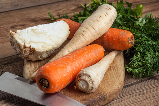 Vegetables to make broth: celery, carrot, parsley root, garlic, onion, leek.