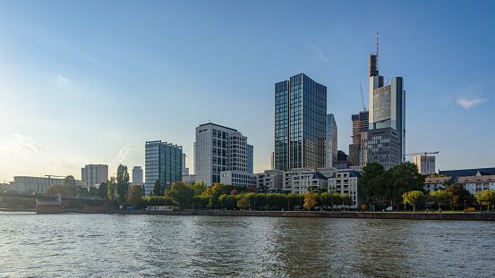 Financial and business district in Frankfurt am Main, Germany, skyline over the river