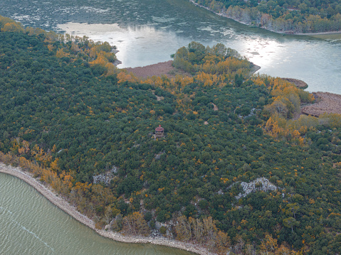 Aerial View Autumn in Lake Kovada National Park. Isparta, Turkey. Taken via drone.