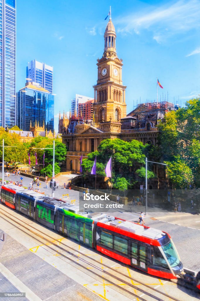 Sydne Sydney Town hall historic colonial tower with clock and classical facade on George street - local government architecture in Australia. Architecture Stock Photo
