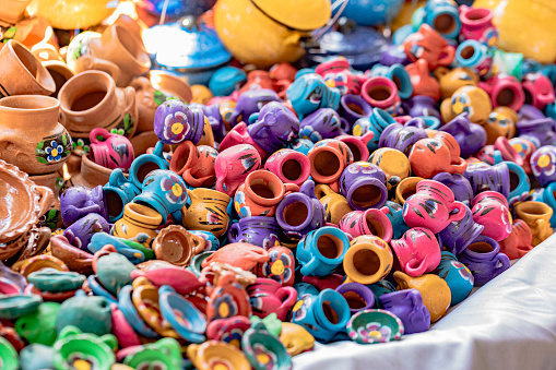 Mexico, Oaxaca, Center of Oaxaca, 01/01/2020: Alebrije handicrafts in a market of Oaxaca