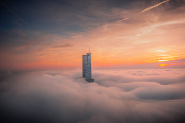 Aerial view of Chicago skyscraper with fog