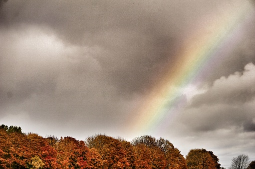 Autumn rainbow. Part of the rainbow on the background of clouds. Rainbow on the background of autumn trees. Rainbow in Bavaria.