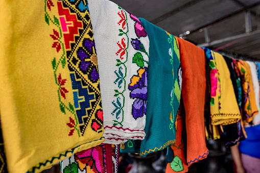 This pic shows Colourful handmade  African bags for Sale in street market , South africa. The pic shows closeup of bags in the market.
