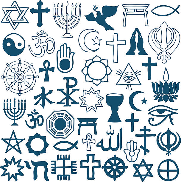 Graphic symbols of different religions on white Blue graphic symbols of different religions as Christinity, Islam, Judaism, Buddhism, Jainism, Sikhism or Lamaism, on white background different religion stock illustrations