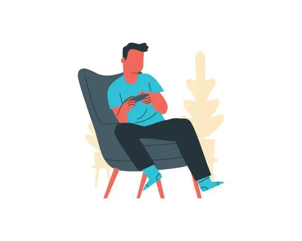 Vector illustration of young man sitting in armchair and playing game  Flat vector illustration.
