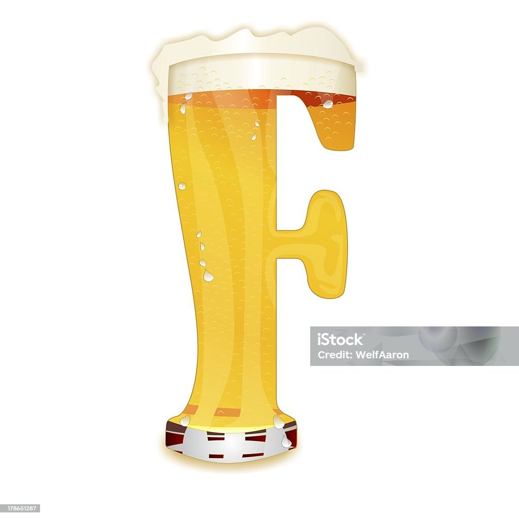 BEER ALPHABET letter F Very detailed illustration of a Beer Alphabet capital or uppercase font on white background showing a filled crystal glass with the letter F shape and some foam. Drops, pearls, bubbles. Advertisement Stock Photo