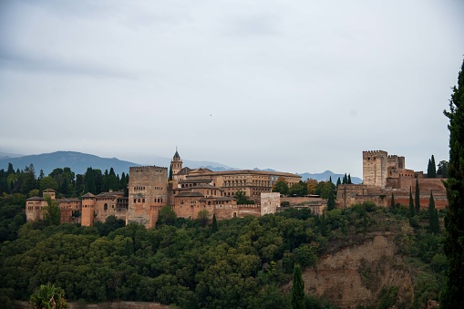 Granada, Spain - October 31, 2023: Alhambra of Granada seen from San Nicolás Mirador