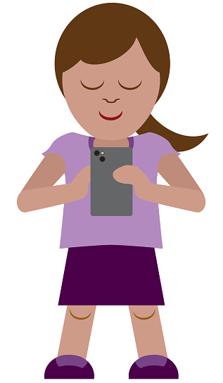 A young cartoon girl is looking at her cell phone