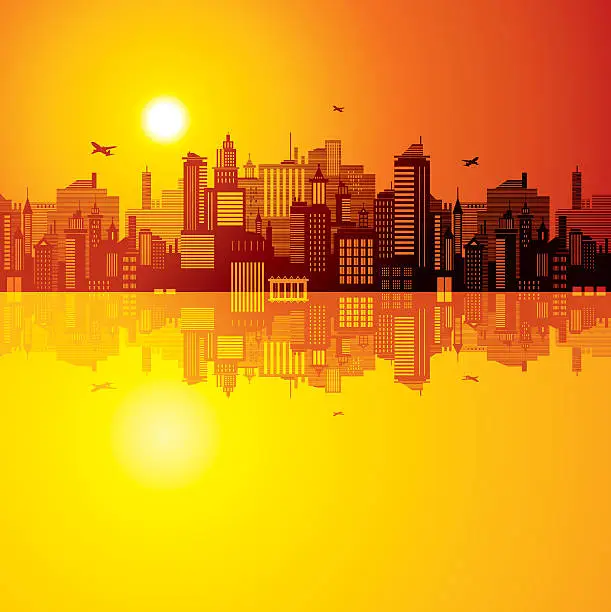 Vector illustration of Sunset city siluette background