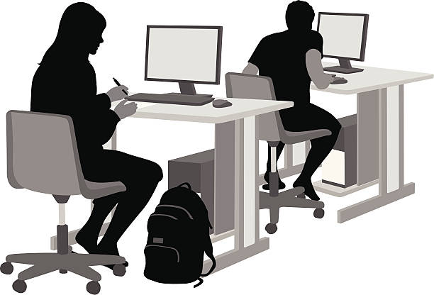 computerusers - focus on shadow computer graphic learning black stock-grafiken, -clipart, -cartoons und -symbole