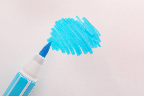 Stroke drawn with light blue marker and highlighter isolated on white, top view