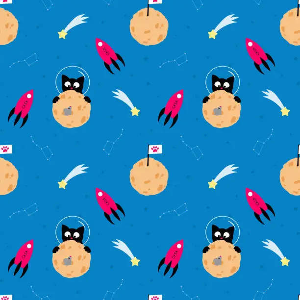 Vector illustration of Seamless pattern for kids. Space theme with cute animals. Flat design vector illustration.