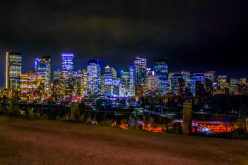 Calgary, Alberta - Canada - November, 2017: Night view on downtown Calgary from Mchugh Bluff, in Crescent Heights, offering one of the best views in town.