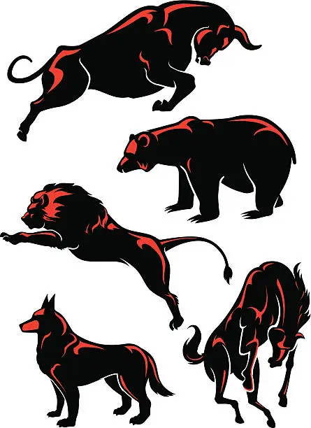 Vector illustration of Five silhouettes of wild animals with red highlights