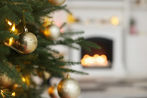 Beautiful golden Christmas ball hanging on fir tree branch against blurred background. Space for text