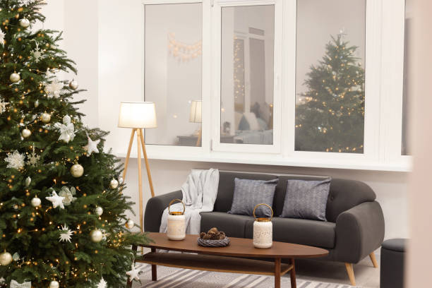 istock Beautiful Christmas tree and decor in living room. Interior design 1786599230